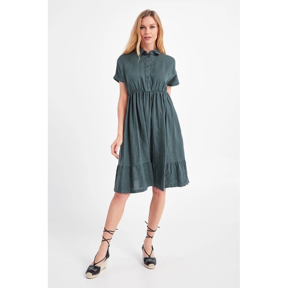 MaxMara Leisure Green Linen‎ Button Front Tiered Midi Dress